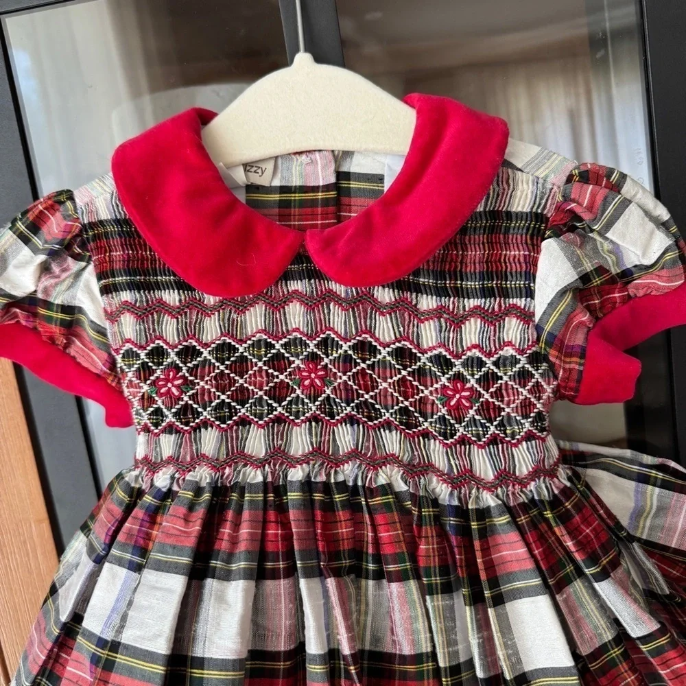 Marco & Lizzy silk plaid dress baby girl smocked puff sleeve peter pan collar